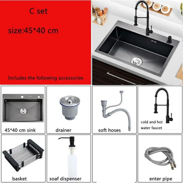 Lavello Da Cucina In Acciaio Inox, Con Scolapiatti E Dispenser Di Sapone, Rosso-image