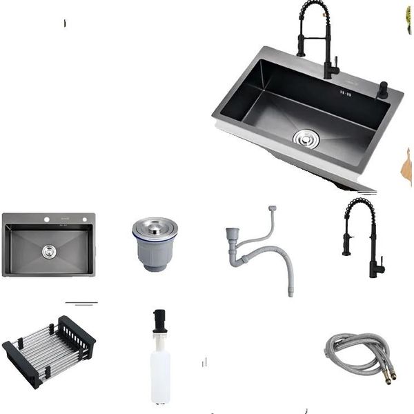Lavello Da Cucina In Acciaio Inox, Con Scolapiatti E Dispenser Di Sapone, Grigio Chiaro-image