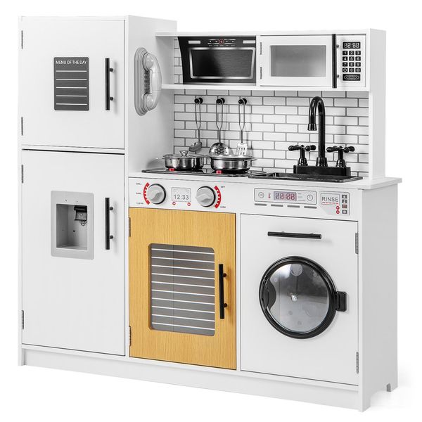 Costway Cucina Per Bambini Con Luci E Suoni, Cucina Da Gioco In Legno Con Forno, Microonde, Telefono E Distributore D'acqua, Accessori Da Cucina Per Bambini E Bambine A Partire Dai 3 Anni Di Età-image