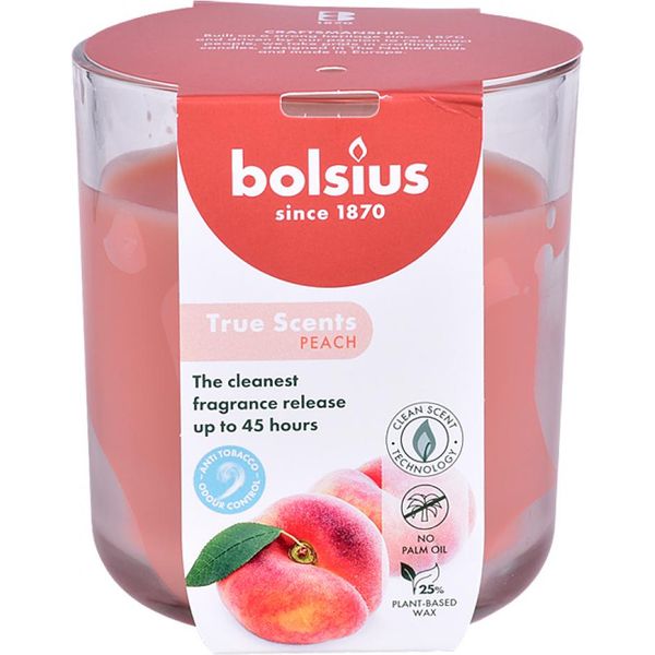 Candela Profumata In Vetro, Pesca, True Scents, Bolsius, 97/85 Mm, Tempo Di Combustione Circa 45H-image