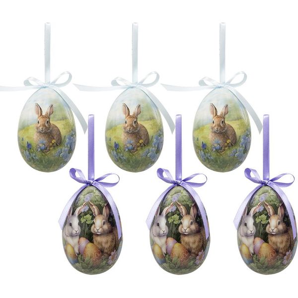 Ciondolo Pasquale Clayre & Eef Set Di 6 Uova Ø 7X10 Cm In Plastica Multicolore Coniglio-image