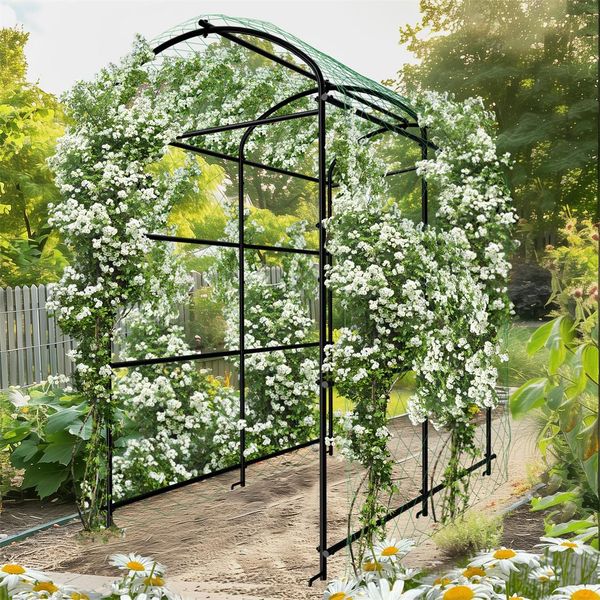 Traliccio Metallico Unho, Grande Arco Da Giardino Per Piante Rampicanti Ausilio Per L'arrampicata, Traliccio Per Cetrioli Traliccio Per Piante Rampicanti Con Rete In Nylon, Punte A Terra-image