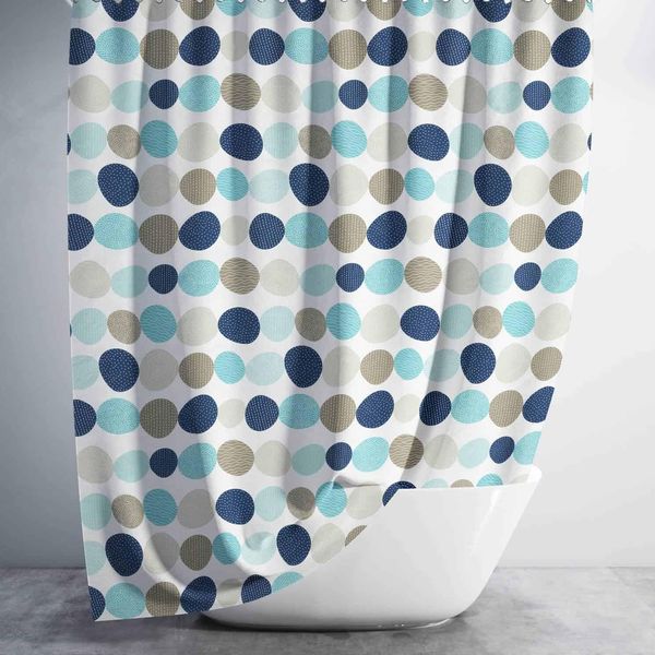 Tenda Da Doccia Tessile A Pois Blu Beige 180X180 Cm, Incl. Anelli Per Tenda Da Doccia Incl. Pesi-image