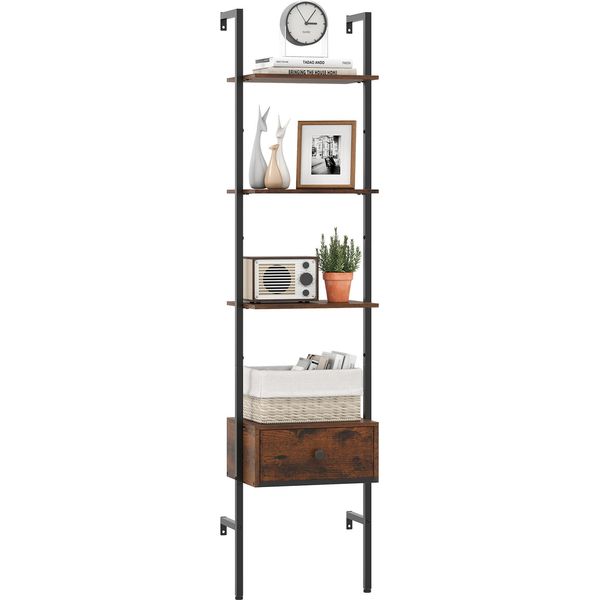 Costway Libreria A 5 Livelli Con Cassetto 177,5 Cm Di Altezza Libreria A Parete Con Struttura In Metallo Scaffale Espositivo Industriale Marrone-image