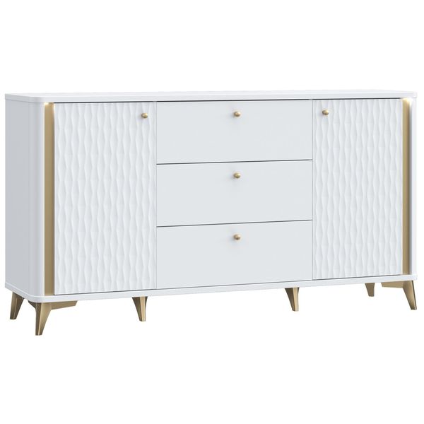 Casa Dolce Cassettiera White Hill 232, Bianco E Oro, 160,5X41,5X87 Cm, Angoli Arrotondati, 3 Cassetti, 2 Armadi Con Ripiani-image