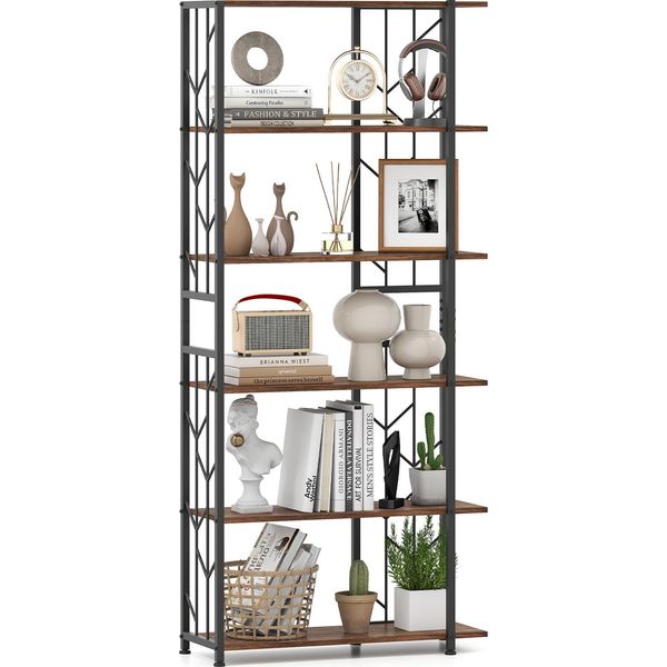 Costway Libreria Geometrica Moderna A 6 Ripiani Con Struttura In Metallo Pesante Scaffale Espositivo Indipendente Con 2 Kit Antiribaltamento Marrone Rustico-image