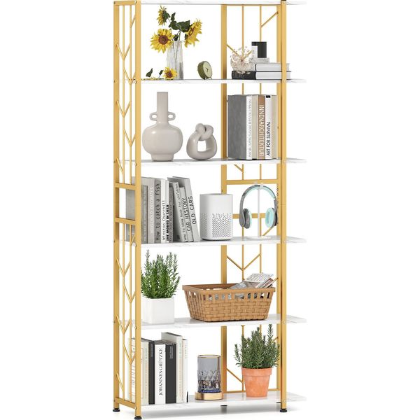 Costway Scaffale A 6 Livelli, Libreria Geometrica Moderna Con Struttura In Metallo Pesante, Espositore Indipendente Con 2 Kit Antiribaltamento Bianco-image