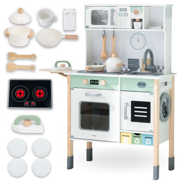 Cucina Per Bambini In Legno Mamabrum Con Lavatrice Lavastoviglie Lavagna E Accessori - Piatto Interattivo E Microonde Luce Suono - Regolabile-image