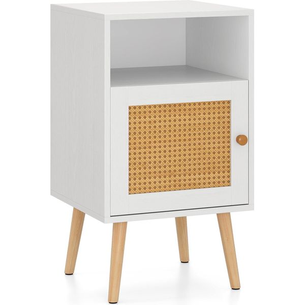 Comodino In Rattan Costway Con Vano Portaoggetti, Comodino Con Ripiano Aperto E Anta In Rattan Pe, Gambe In Legno Massiccio, Tavolino In Stile Rustico Bianco-image