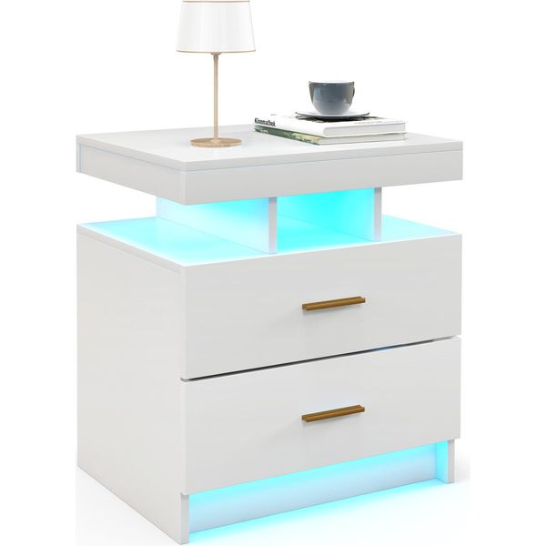 Comodino Costway Con Illuminazione Led E 2 Cassetti, Tavolino Con Colori Regolabili, Comodino Cassettiera, 50X40X58Cm Bianco-image