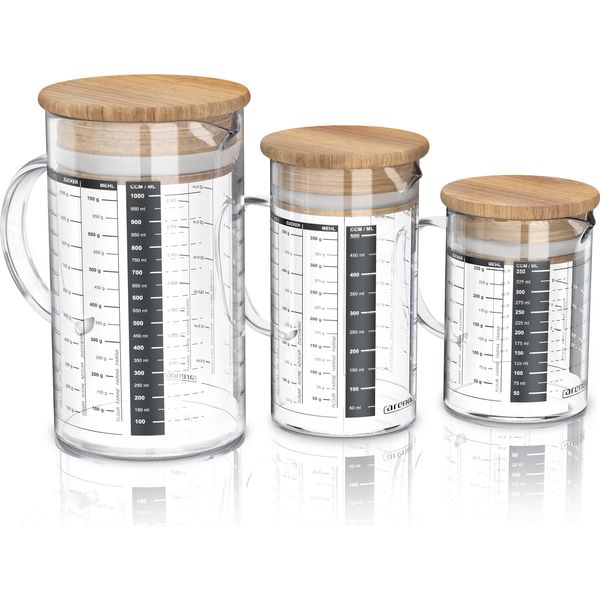 Set Di Caraffe Dosatrici Arendo 250 Ml, 500 Ml E 1000 Ml Con Coperchio In Bambù, Ermetico, In Vetro, (Set, 3 Pezzi), Contenitore Da Cucina, Chiusura In Silicone, Per Farina Zucchero Spezie Dolci-image