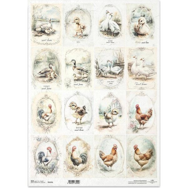 Carta Di Riso Per Decoupage Carta Artigianale Per Decoupage A3 ITD-1413L Galline Galli Anatre Oche-image