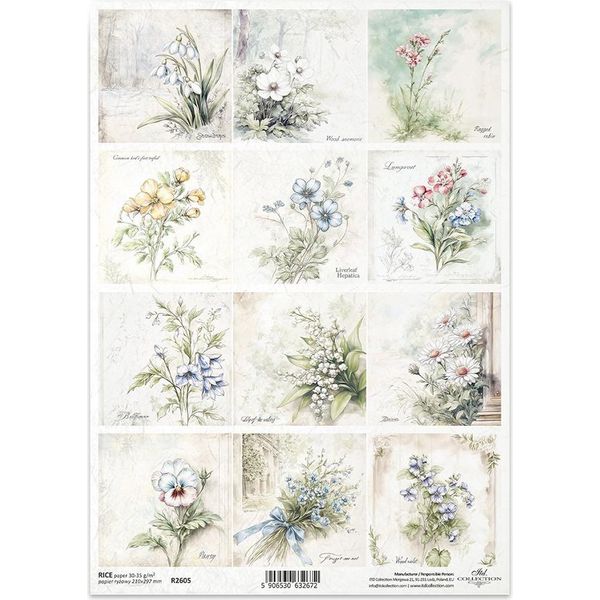 Itd Carta Di Riso Decoupage Tecnica Artigianale Tovagliolo Di Carta-R2605 Fiori, Bucaneve, Campanule, Mughetti, Margherite, Viole, Nontiscordardime, Violette-image