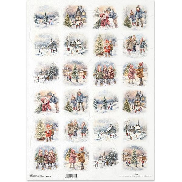 Carta Di Riso Per Decoupage Carta Artigianale Per Decoupage A3 ITD-1291L Immagini Invernali, Giochi Invernali Per Bambini-image