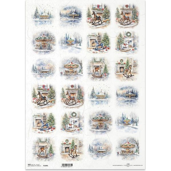 Carta Di Riso Per Decoupage Carta Artigianale Per Decoupage A3 ITD-1289L Paesaggi Invernali, Giostre, Cavalli A Dondolo-image