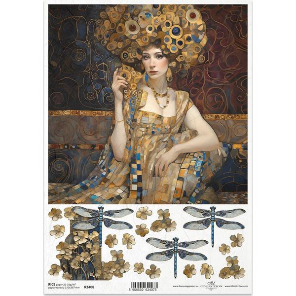 Itd Carta Di Riso Decoupage Tecnica Artigianale Tovagliolo Di Carta-R2408 Donna, Libellule, Motivi Art Nouveau - Ispirato A Klimt-image