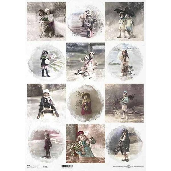 Carta Di Riso Per Decoupage A3 ITD-1102L Bambini D'inverno Vintage-image