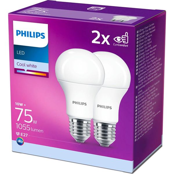 Philips Lampadina Led A60 E27 10W 4000K 1055Lm 230 V - Confezione Da 2 - Bianco Freddo-image