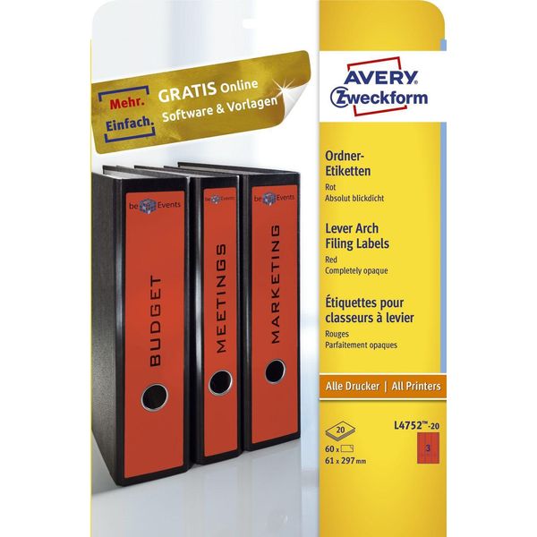 Avery Zweckform® L4752-20 L4752-20 Etichette Per Cartelle - Larghe/Lunghe, (A4 - 20 Fogli) 60 Pezzi, Rosso-image