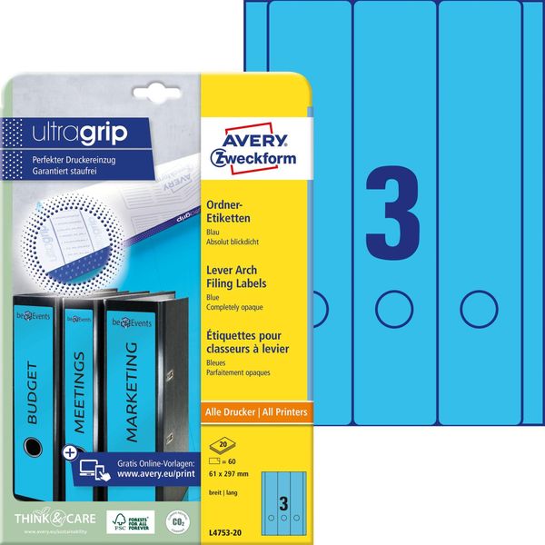Avery Zweckform® L4753-20 L4753-20 Etichette Per Cartelle - Larghe/Lunghe, (A4 - 20 Fogli) 60 Pezzi, Blu-image