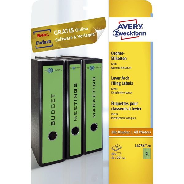 Avery Zweckform® L4754-20 Etichette Per Cartelle - Larghe/Lunghe, (A4 - 20 Fogli) 60 Pezzi, Verde-image