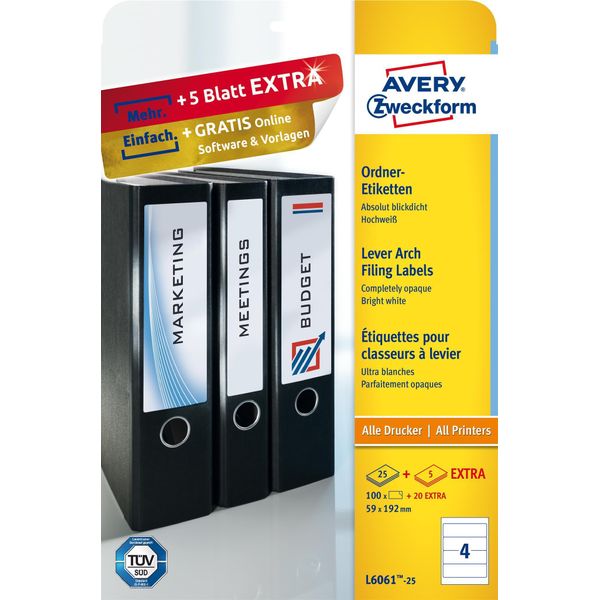 Avery Zweckform® L6061-25 Etichette Per Cartelle, 59 X 192 Mm, Cartelle Larghe (Corte), 30 Fogli/120 Etichette, Bianco-image