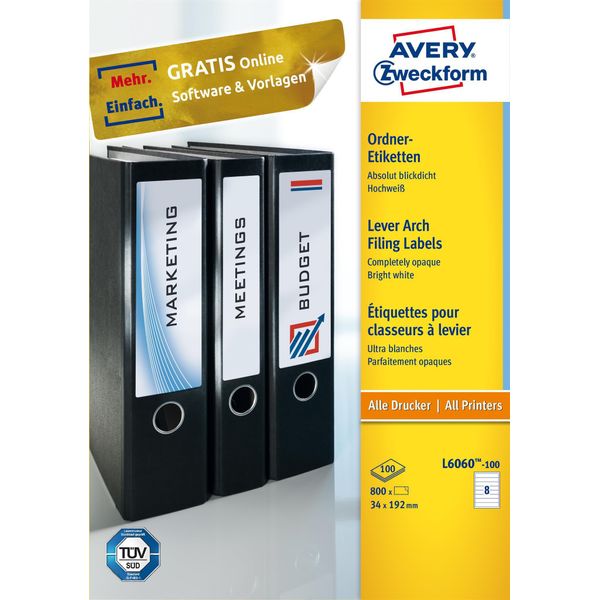 Avery Zweckform® L6060-100 L6060-100 Etichette Per Cartelle - Strette/Corte, (A4 - 100 Fogli) 800 Pezzi, Bianco-image
