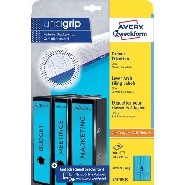 Avery Zweckform® L4749-20 L4749-20 Etichette Per Cartelle - Strette/Lunghe, (A4 - 20 Fogli) 100 Pezzi, Blu-image