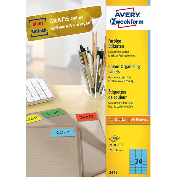 Avery - Etichette Per Cartelle - Blu - 70 X 37 Mm - 2400 Etichette (100 Fogli X 24) (3449)-image
