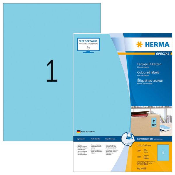 Herma Special - Etichette Autoadesive Permanenti In Carta Opaca - Blu - A4 (210 X 297 Mm) - 100 Etichette (100 Fogli X 1) (4403)-image