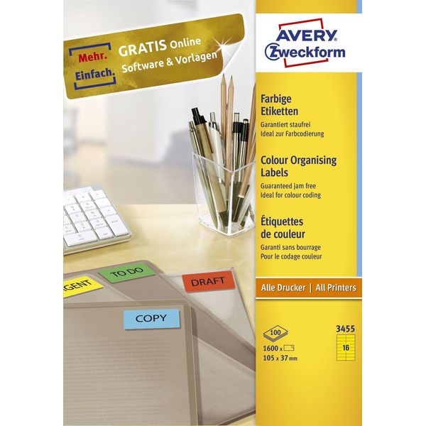 Avery Zweckform® 3455 3455 Etichette - 105 X 37 Mm, Giallo, 1.600 Etichette/100 Fogli, Permanente-image