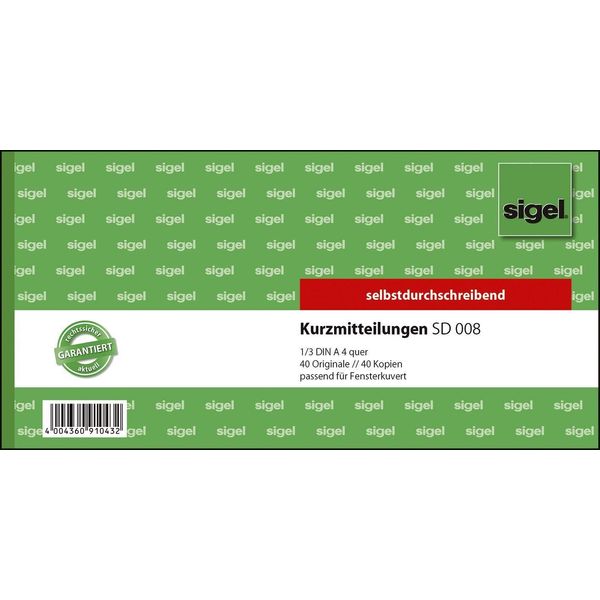 Sigel SD008 Messaggi Brevi - 1/3 A4 Orizzontale, 1° E 2° Foglio Stampato, Sd, Mp, 2 X 40 Fogli-image