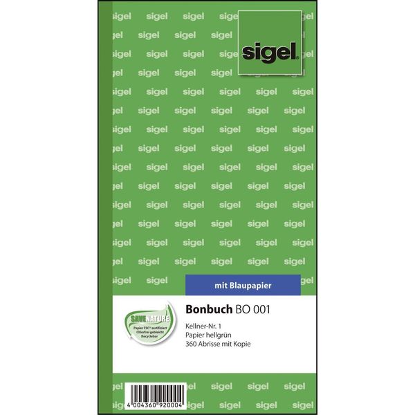 Sigel BO001 Libro Delle Ricevute - Cameriere N. 1 , 360 Strappi, Bl, Verde Chiaro, 105X200 Mm, 2 X 60 Fogli-image