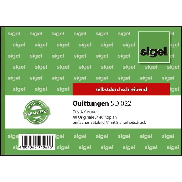 Sigel® SD022 Ricevute Con Stampa Di Sicurezza A6 Orizzontale A Blocco Unico 1° E 2° Foglio Stampato Sd Mp 2 X 40 Fogli(T)-image