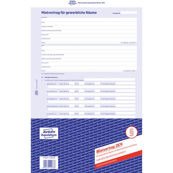 Avery Zweckform® 2874 Contratto Di Locazione Per Locali Commerciali, A4, 6 Pagine, Con Copia Carbone-image