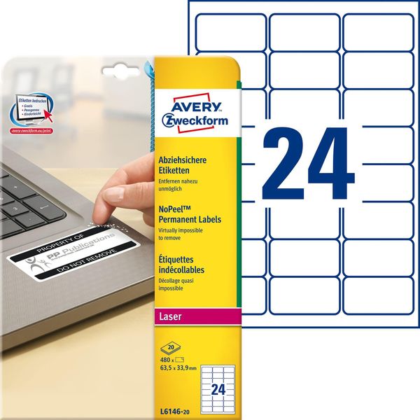 Avery Nopeel Labels L6146 - Etichette In Polimero Non Rimovibili - Bianco - 33,9 X 63,5 Mm - 480 Etichette (20 Fogli X 24) (L6146-20)-image