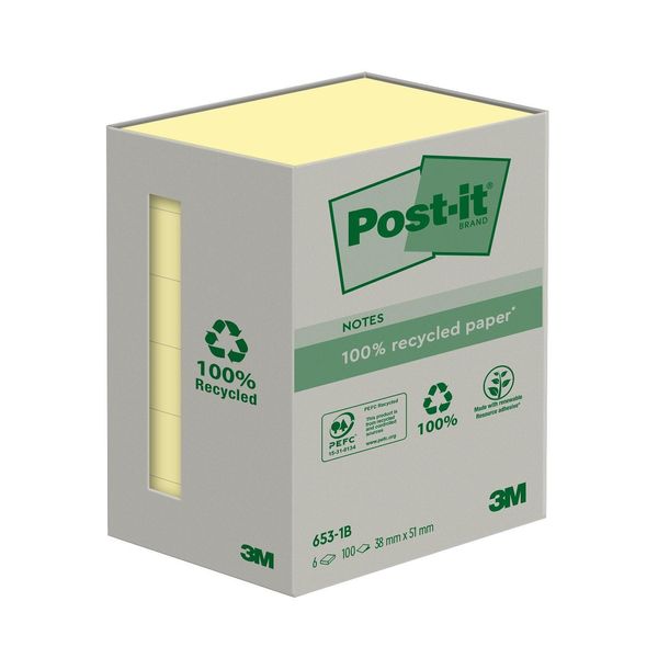 Post-It® 6531B Appunti Per Il Riciclo - 38 X 51 Mm, Giallo Pastello, 6 X 100 Fogli-image
