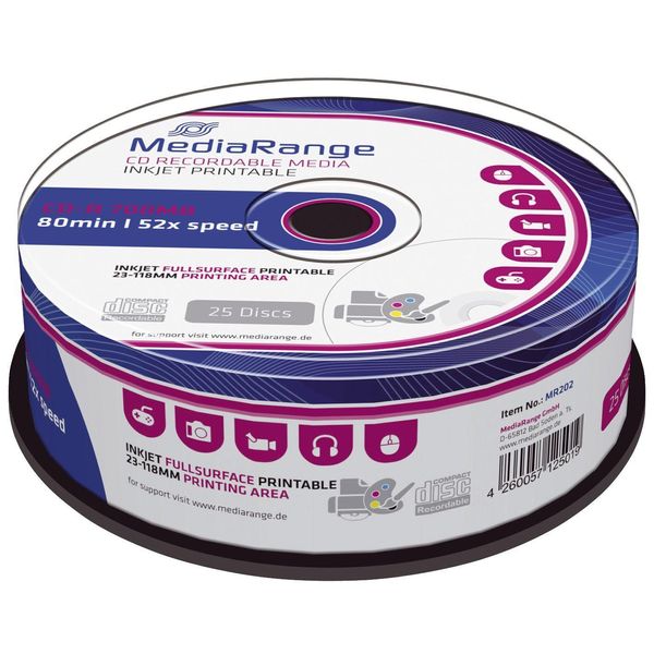 Mediarange CD-R 700MB 25Pcs Spindle 52X Stampabile A Getto D'inchiostro-image