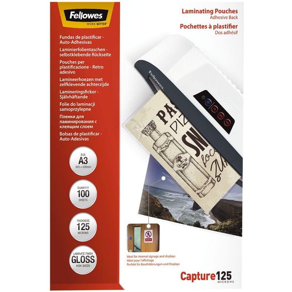 Fellowes® 5329001 Pellicola Di Laminazione Mikron Peel & Stick - A3, Lucida, 125 Mym, 100 Pezzi-image