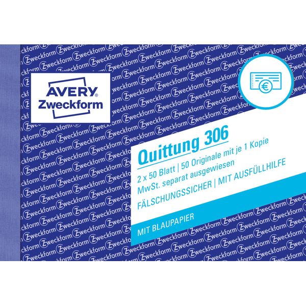 Avery Zweckform® 306 306 Ricevuta Iva Mostrata Separatamente - A6 Orizzontale, Mp, Bl, A Prova Di Falsificazione, 2X 50 Fogli, Bianco-image