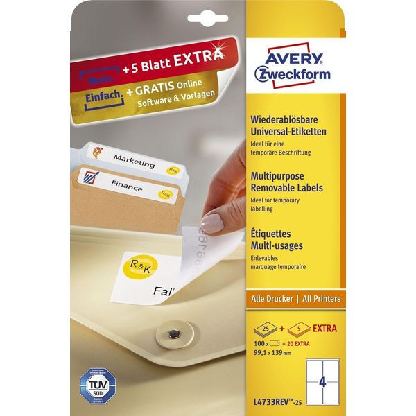 Avery Zweckform® L4733REV-25 L4733REV-25 Etichette Universali - 99,1 X 139 Mm, Bianco, 120 Etichette/30 Fogli, Rimovibili-image