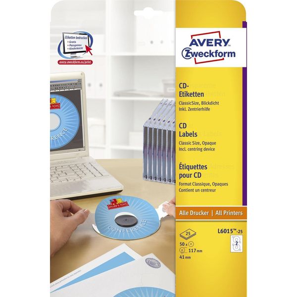 Avery Zweckform® L6015-25 Etichette Per Cd, Ø 117 Mm, 25 Fogli/50 Etichette, Bianco-image