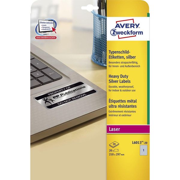 Avery Zweckform® L6013-20 L6013-20 Etichette Per Targhette - A4, 20 Pezzi, 210 X 297 Mm, Resistenti Alle Intemperie, 20 Fogli Argento-image