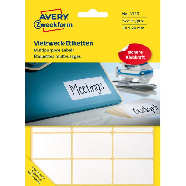 Avery Zweckform® 3325 3325 Etichette Universali - 38 X 24 Mm, Bianco, 522 Etichette/29 Fogli, Permanente-image