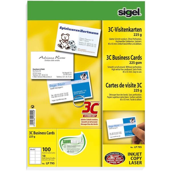 Sigel LP795 Biglietti Da Visita, 3C, Taglio Liscio, 225 G/M², Bianco Brillante, 100 Pz-image