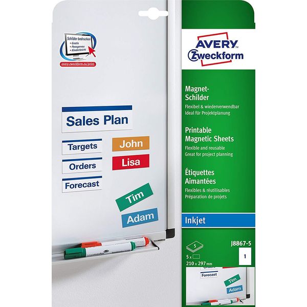 Avery J8867 - Magnetische Etiketten - Weiß - A4 (210 X 297 Mm) - 5 Stck. (J8867-5)-image