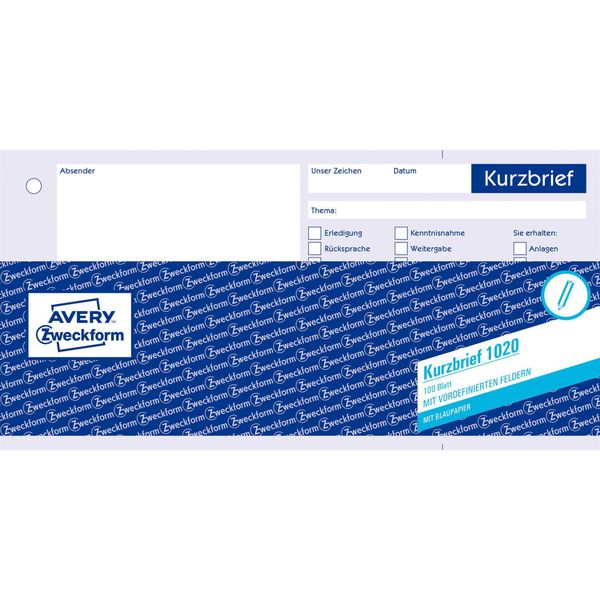 Avery Zweckform® 1020 1020 Lettera Corta, Din A4 (1/3), Preperforata, 100 Fogli, Bianco-image