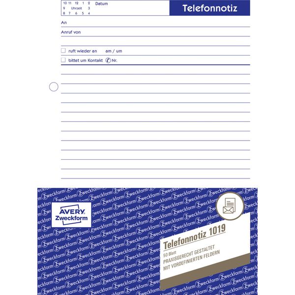 Avery Zweckform® 1019 1019 Memo Telefonico, Din A5, Preperforato, 50 Fogli, Bianco-image