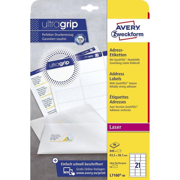 Avery - Adressetiketten - Weiß - 63,5 X 38,1 Mm - 840 Etikett(En) (40 Bogen X 21) (L7160-40)-image
