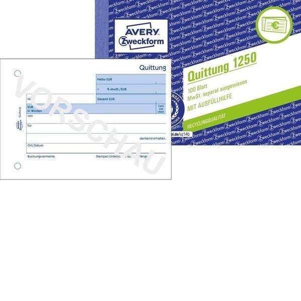 Avery Zweckform® 1250 Ricevuta Iva Mostrata Separatamente - A6 Orizzontale, Mp, A Prova Di Falsificazione, 100 Fogli, Bianco-image
